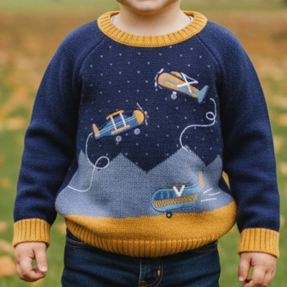 Boys Airplane Sweater - Navy and Mustard